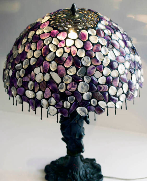 Lampa 40cm wykonana z ametsytu i kryształu górskiego w technice Tiffany